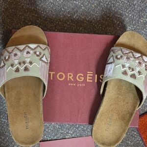 Torgēis Tan Beaded Slide Mules